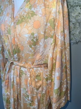 PIYAMA Floral Wrap Duster Robe in Peach, White & Olive Lightweight